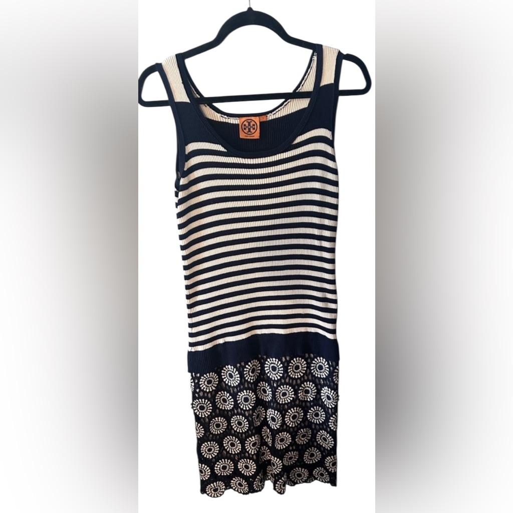 Tory Burch Navy And White Striped Sleeveless Dress Boho Party Woman Size Small.
